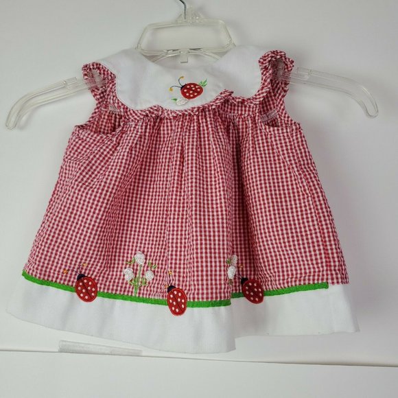 Unbranded Other - VTG Baby Dress Red Plaid Sleeveless Lady Bug 6-9M